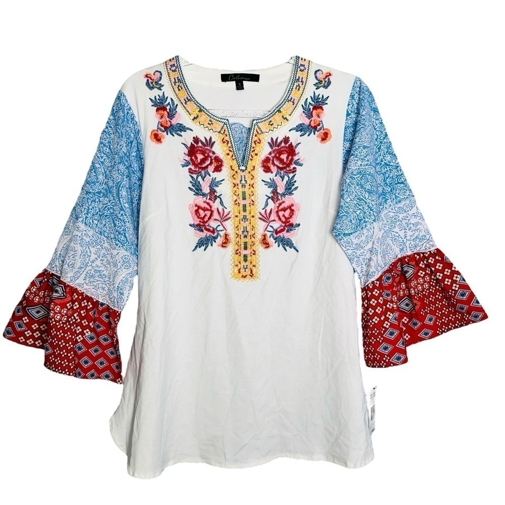 Calessa‎ Embroidered Boho Pink Blue Multi Patch Blouse Women's Size Small NWT
